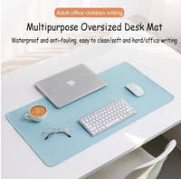 Leather keyboard mat on a desk with a laptop, keyboard, mouse, coffee cup and glasses