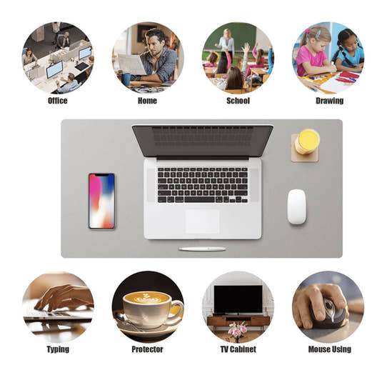 Large keyboard mat shown in office, home, school and drawing use-case icons with a desk scene