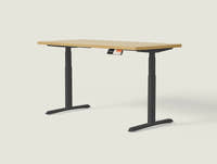 Shappa MO2 electric standing desk with light walnut tabletop and black frame - dual motor oval tube angled studio shot