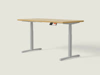 Shappa MO2 electric standing desk with light walnut tabletop and grey frame - dual motor oval tube angled studio shot
