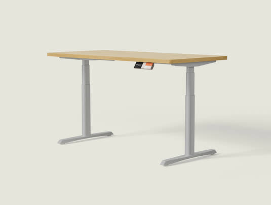 Shappa MO2 electric standing desk with light walnut tabletop and grey frame - dual motor oval tube angled studio shot