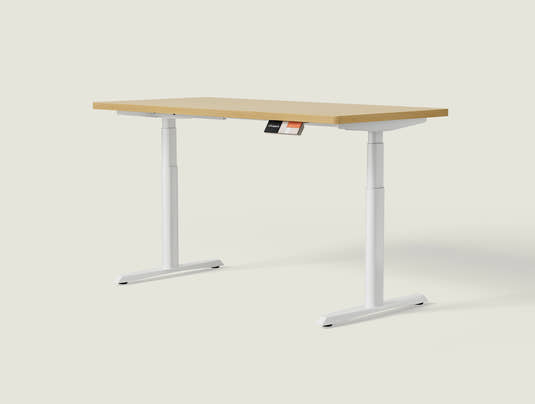 Shappa MO2 electric standing desk with light walnut tabletop and white frame - dual motor oval tube angled studio shot