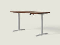 Shappa MO2 electric standing desk with walnut tabletop and grey frame - dual motor oval tube angled studio shot