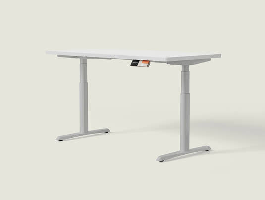 Shappa MO2 electric standing desk with white tabletop and grey frame - dual motor oval tube angled studio shot