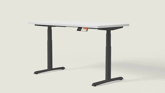 Shappa MO2 electric standing desk with white tabletop and black frame - dual motor oval tube angled studio shot
