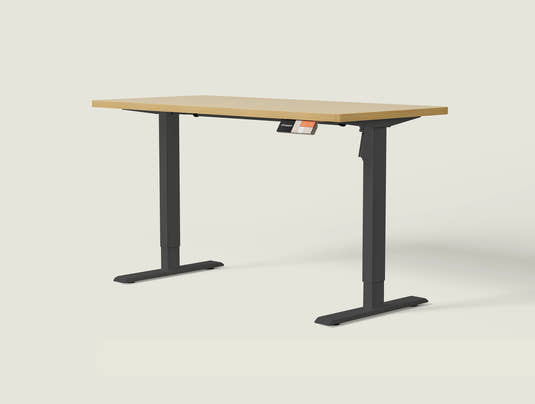 Shappa MS1 electric standing desk with light walnut tabletop and black frame - single motor angled studio shot
