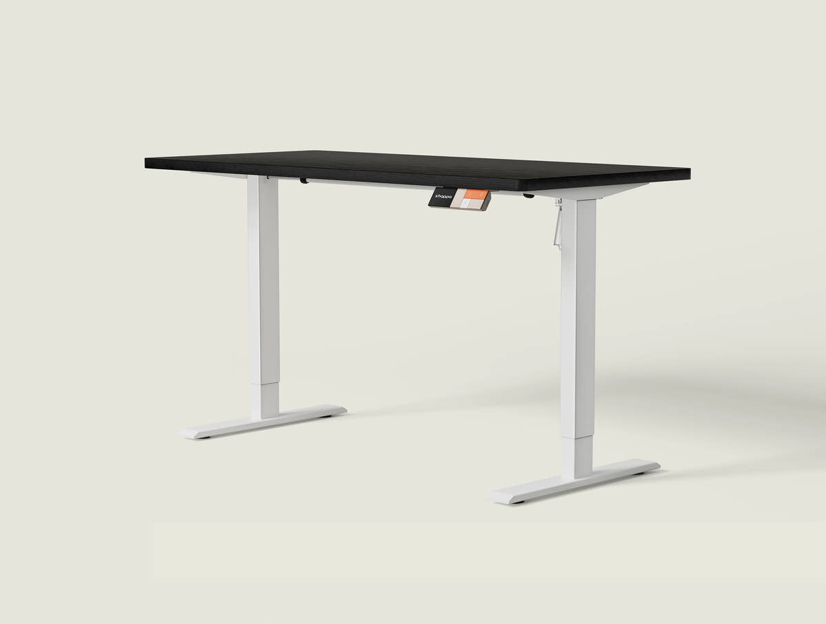Shappa MS1 electric standing desk with black tabletop and white frame - single motor angled studio shot