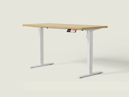Shappa MS1 electric standing desk with light walnut tabletop and white frame - single motor angled studio shot