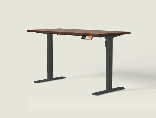 Shappa MS1 electric standing desk with walnut tabletop and black frame - single motor angled studio shot