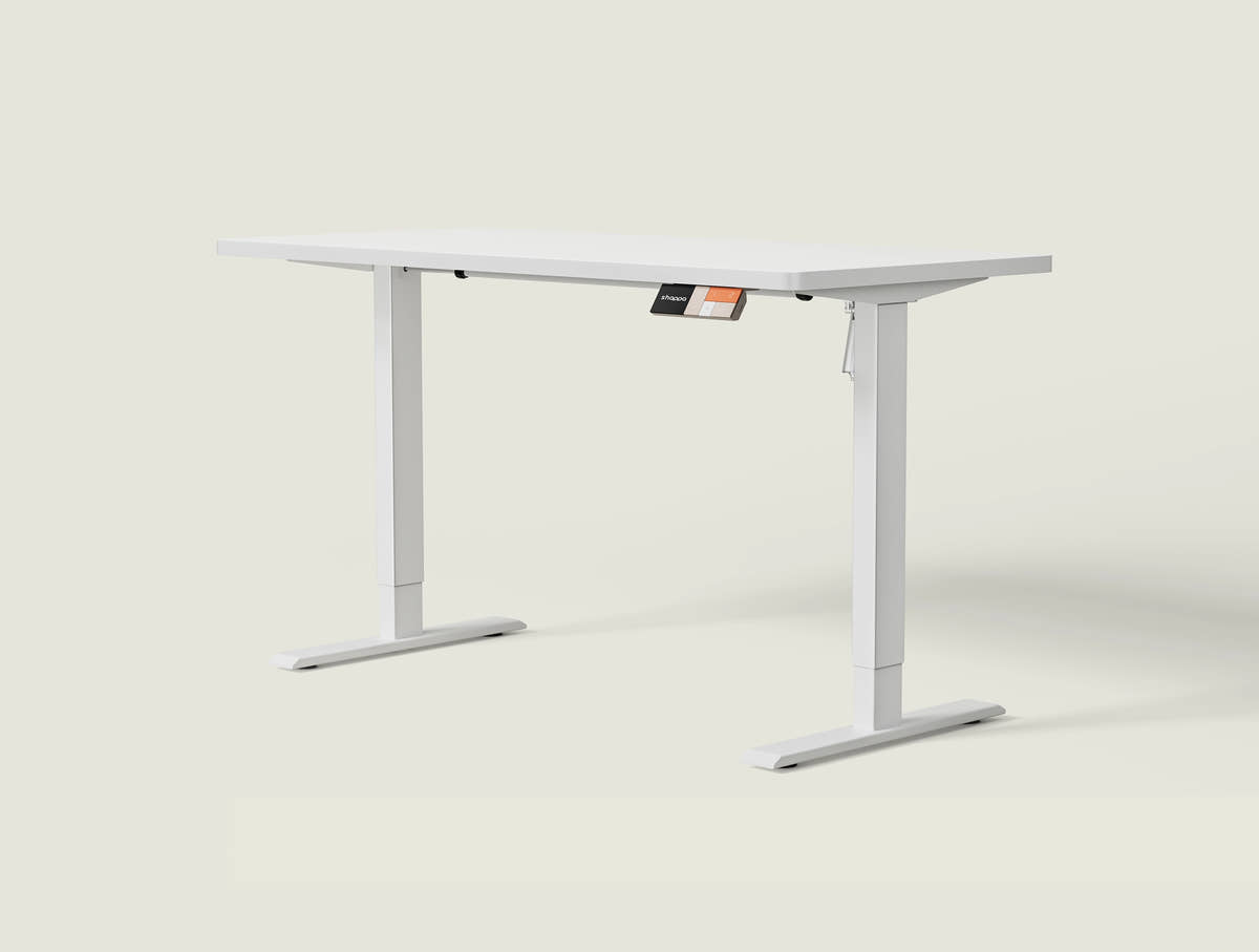 Shappa MS1 electric standing desk with white tabletop and white frame - single motor angled studio shot