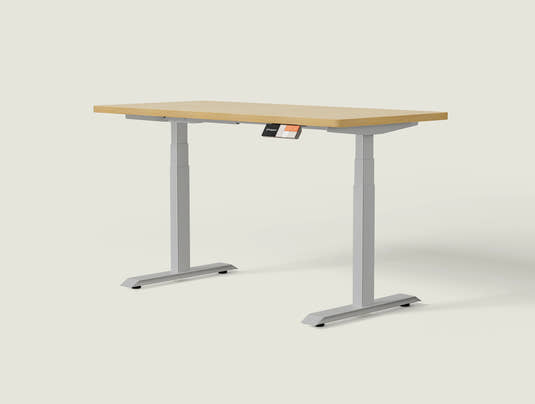 Shappa MS2 electric standing desk with light walnut tabletop and grey frame - dual motor square tube angled studio shot