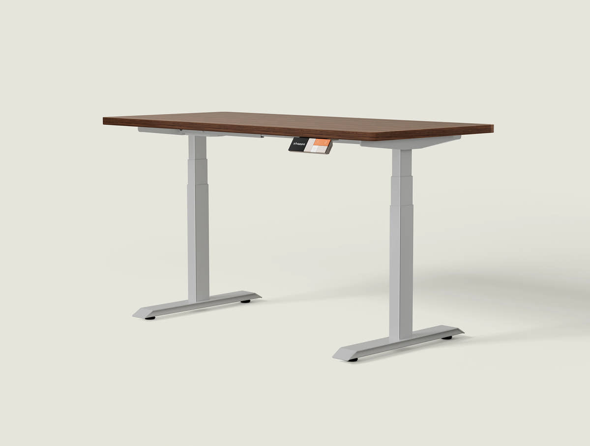 Shappa MS2 electric standing desk with walnut tabletop and grey frame - dual motor square tube angled studio shot