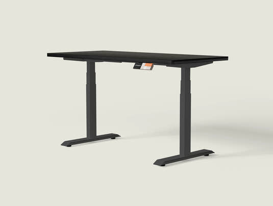 Shappa MS2 electric standing desk with black tabletop and black frame - dual motor square tube angled studio shot