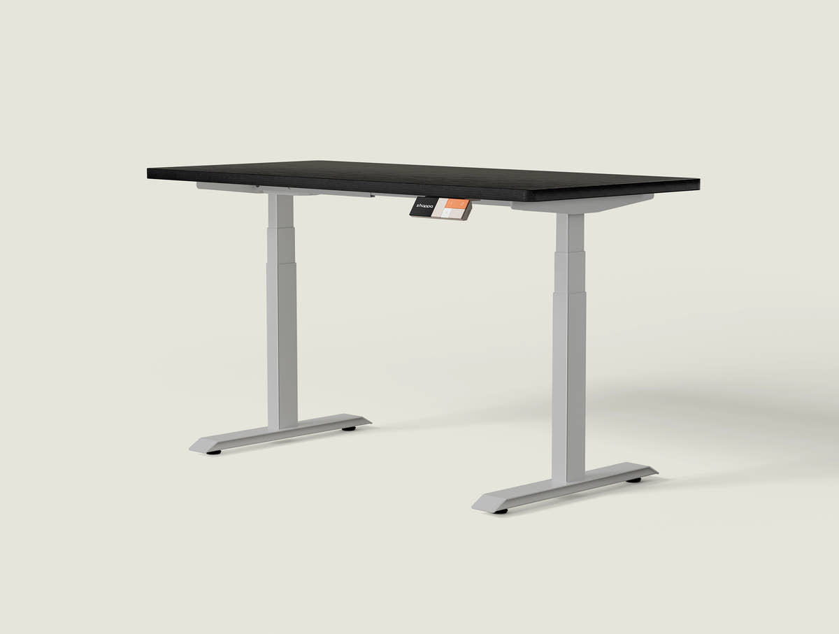 Shappa MS2 electric standing desk with black tabletop and grey frame - dual motor square tube angled studio shot