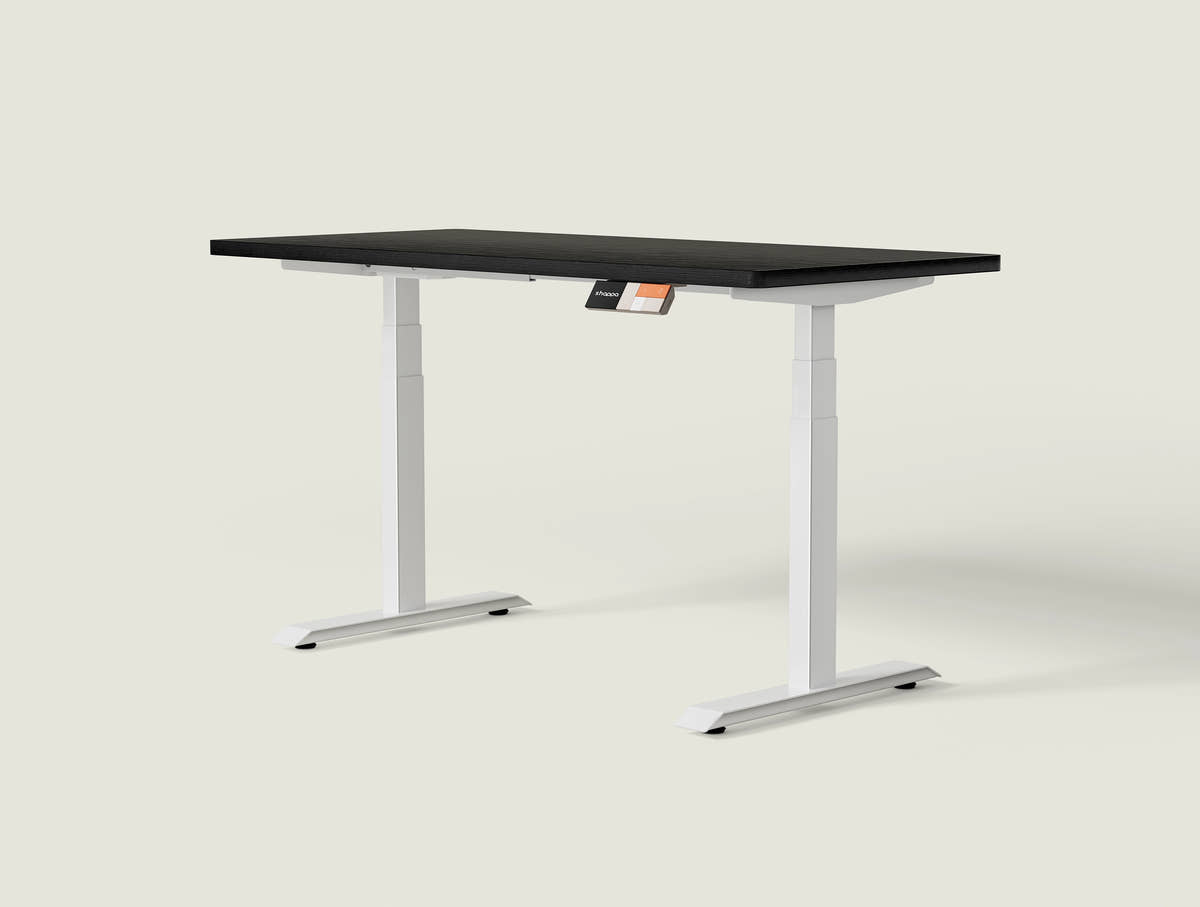 Shappa MS2 electric standing desk with black tabletop and white frame - dual motor square tube angled studio shot
