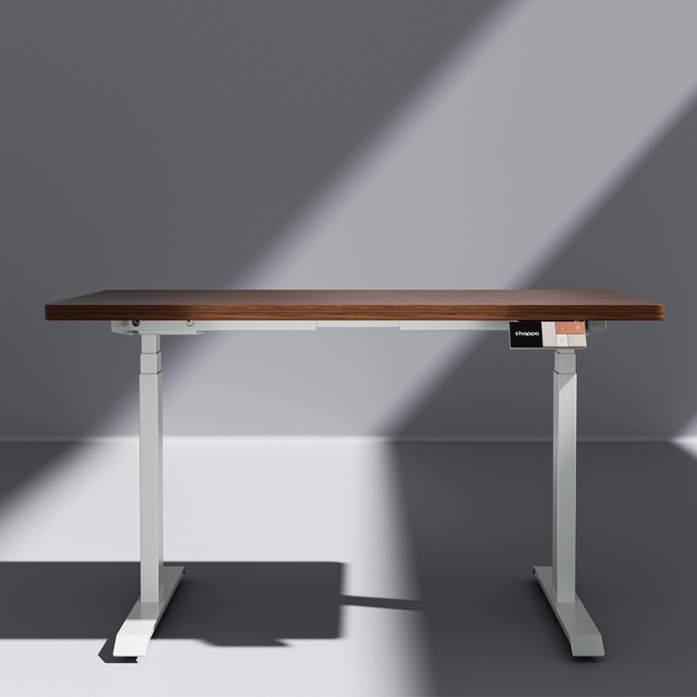 Shappa MS2 electric standing desk with walnut tabletop and white frame - front angle studio shot