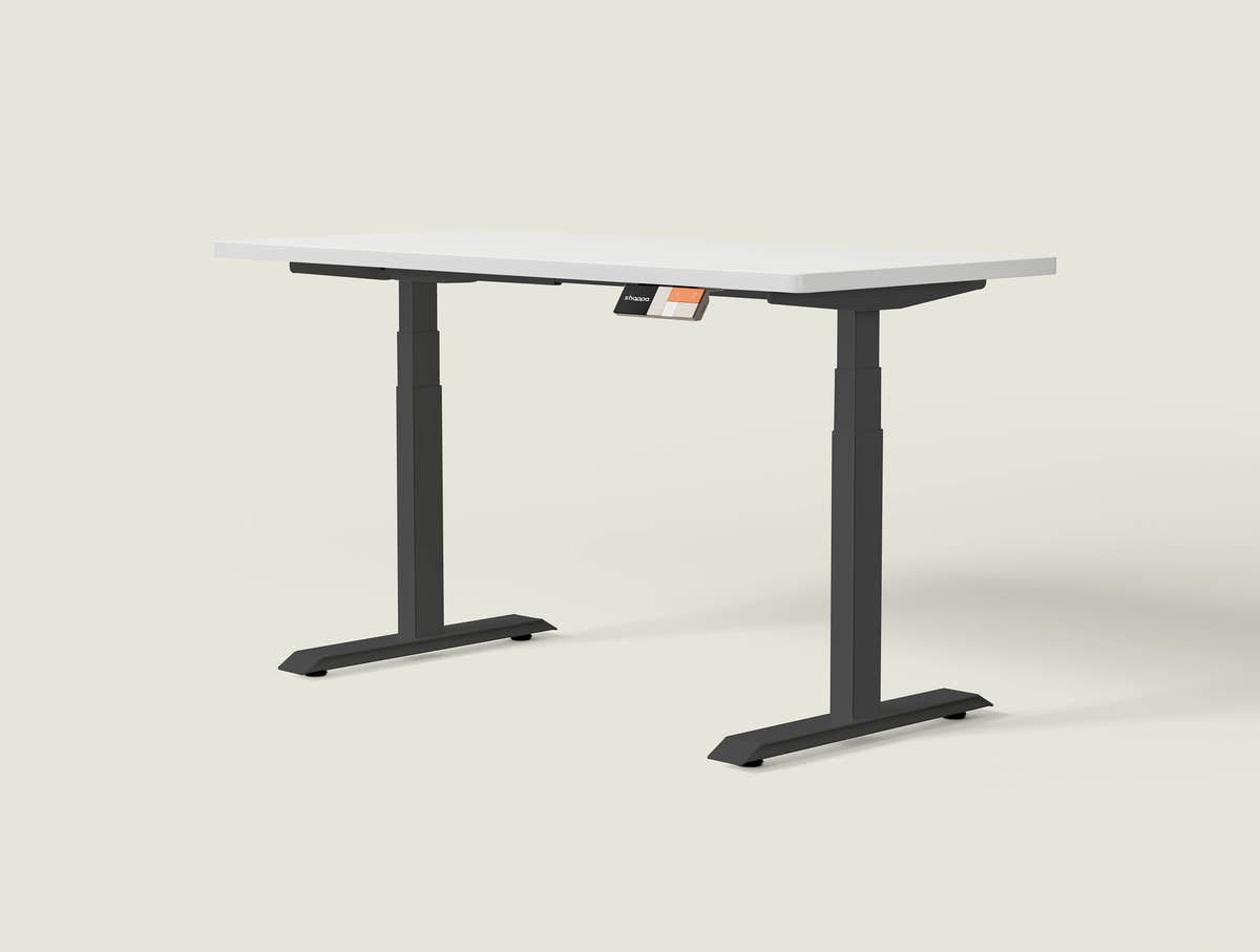 Shappa MS2 electric standing desk with white tabletop and black frame - dual motor square tube angled studio shot