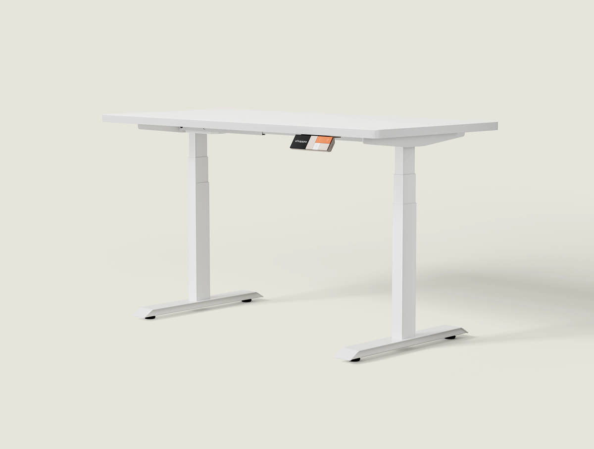 Shappa MS2 electric standing desk with white tabletop and white frame - dual motor square tube angled studio shot