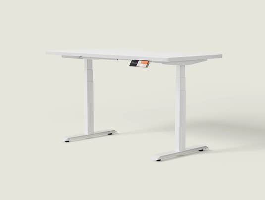 Shappa MS2 electric standing desk with white tabletop and white frame - dual motor square tube angled studio shot