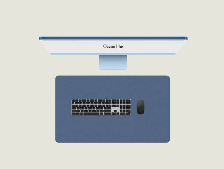 Ocean Blue keyboard mat with a keyboard and mouse placed on top
