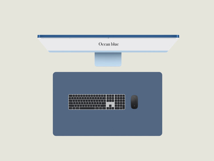 Ocean Blue keyboard mat with a keyboard and mouse placed on top