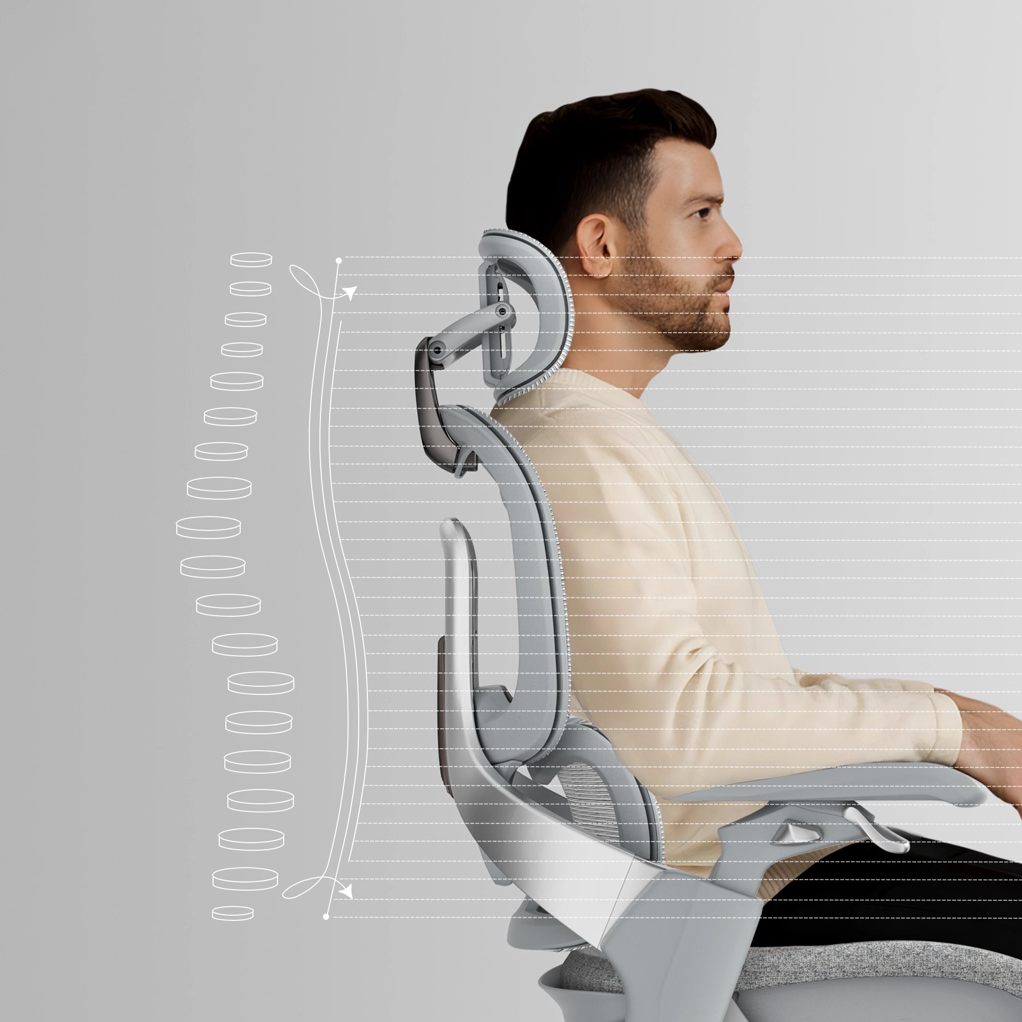 Shappa S5 ergonomic office chair spine alignment diagram showing dynamic lumbar support for upright sitting posture