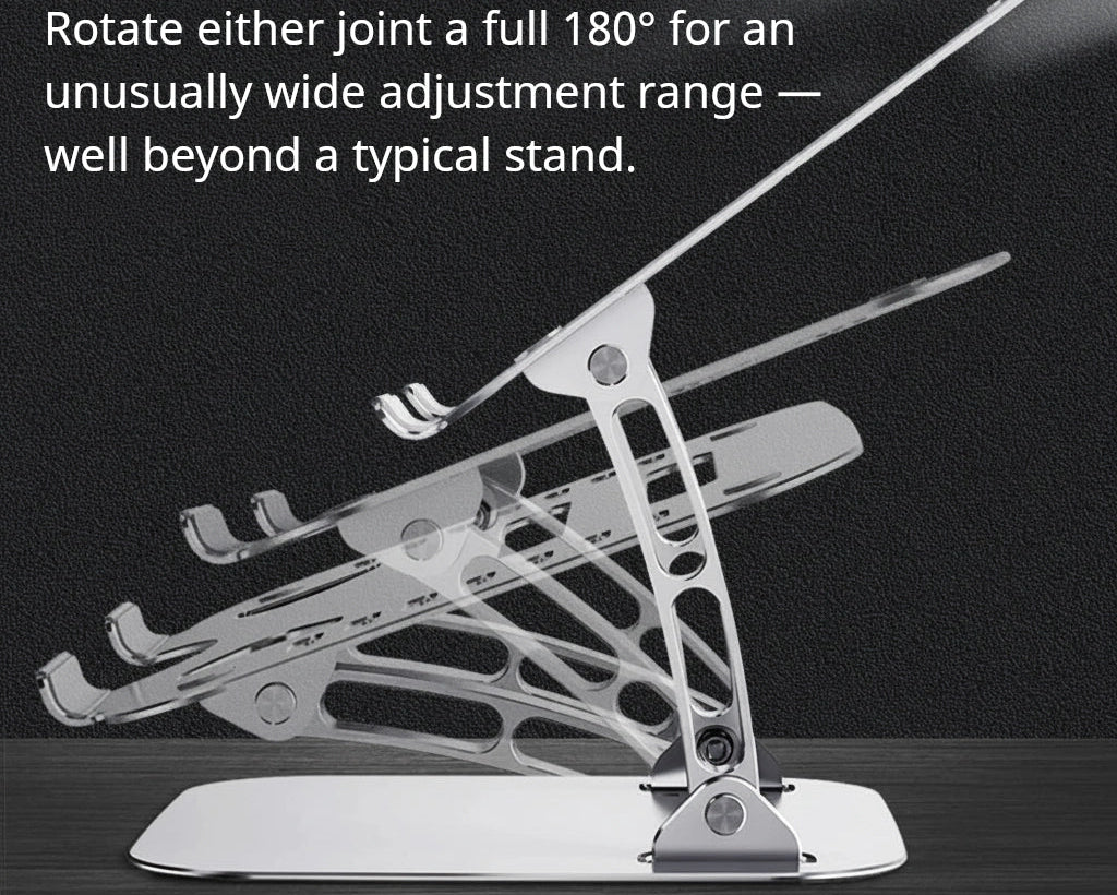 Shappa Laptop Stand Riser dual pivot hinges rotating a full 180 degrees for wide angle adjustment