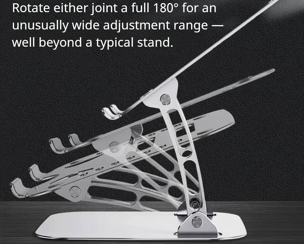 Shappa Laptop Stand Riser dual pivot hinges rotating a full 180 degrees for wide angle adjustment