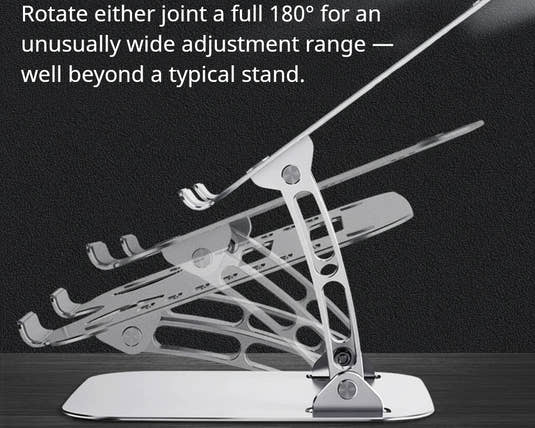 Shappa Laptop Stand Riser dual pivot hinges rotating a full 180 degrees for wide angle adjustment