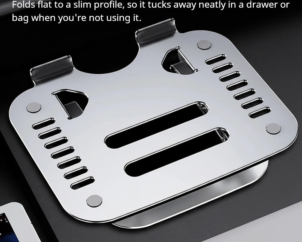 Shappa Laptop Stand Riser folded flat into a compact, slim profile for easy storage