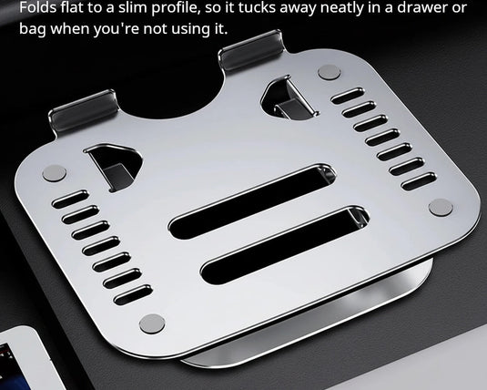 Shappa Laptop Stand Riser folded flat into a compact, slim profile for easy storage