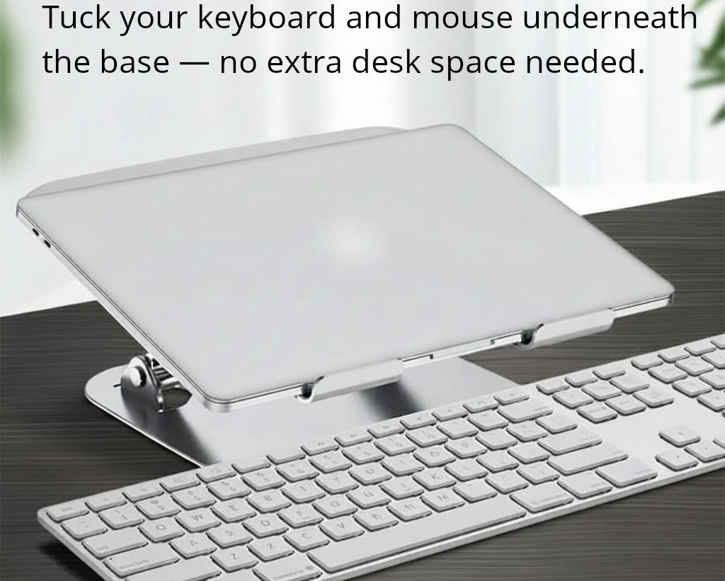 Shappa Laptop Stand Riser with keyboard and mouse tucked underneath the base on a desk