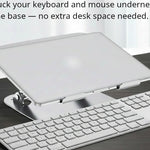 Shappa Laptop Stand Riser with keyboard and mouse tucked underneath the base on a desk
