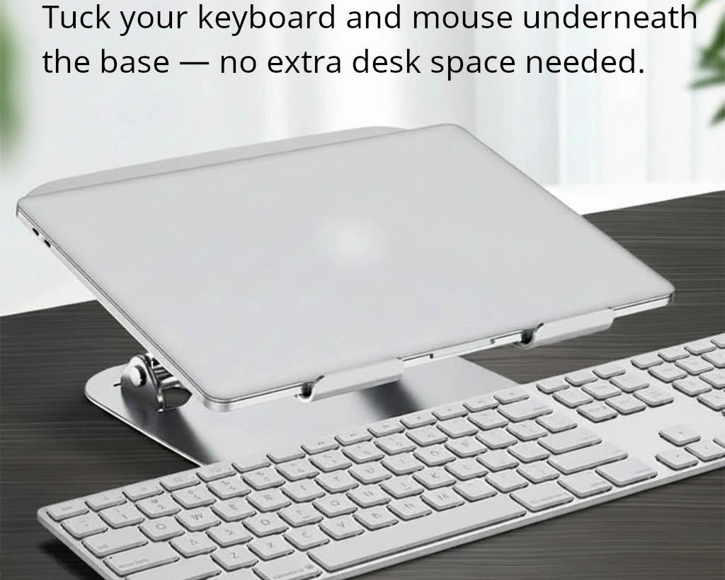 Shappa Laptop Stand Riser with keyboard and mouse tucked underneath the base on a desk
