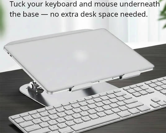Shappa Laptop Stand Riser with keyboard and mouse tucked underneath the base on a desk