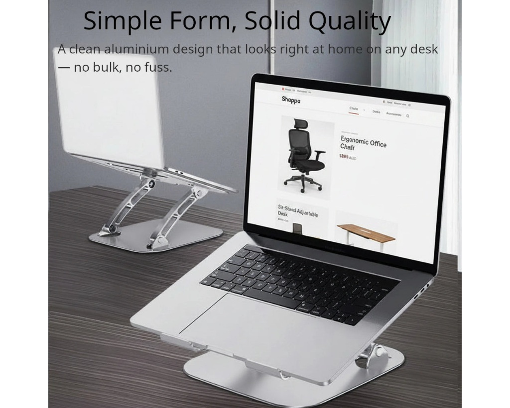  Shappa Laptop Stand Riser holding a MacBook on a wood desk, with a second stand and laptop in the background