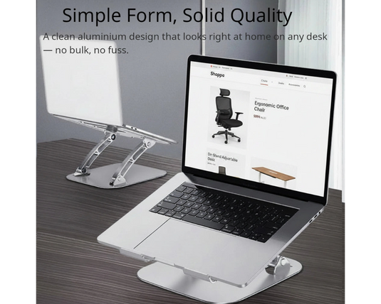  Shappa Laptop Stand Riser holding a MacBook on a wood desk, with a second stand and laptop in the background