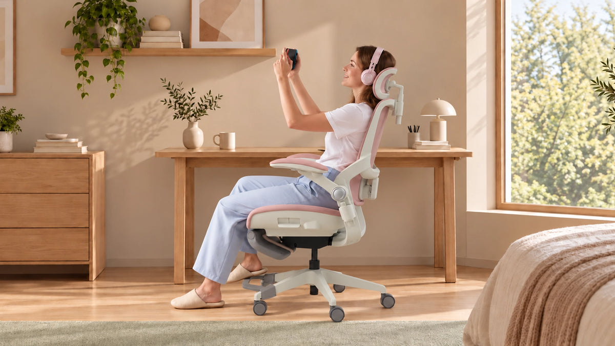 Woman wearing headphones and enjoying a game in a blush pink P1 Lady chair at home