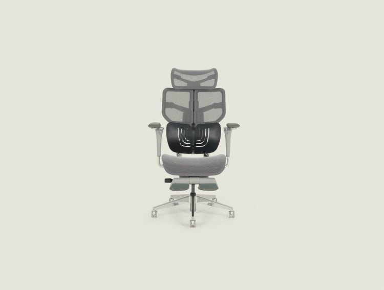 Shappa Spencer ergonomic mesh office chair with headrest and footrest, grey - front view
