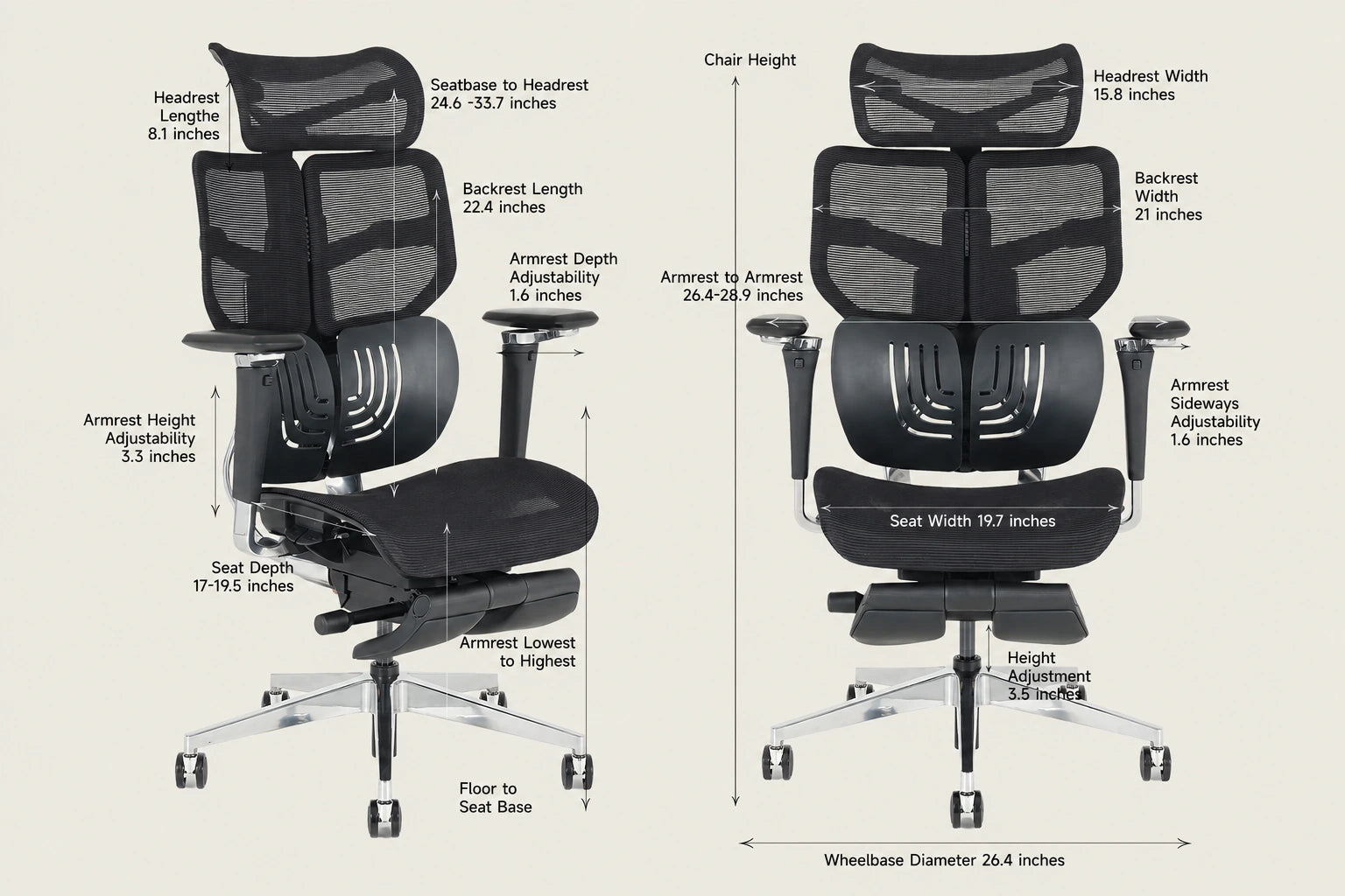 Shappa Spencer black ergonomic office chair size chart showing seat, armrest, and headrest dimensions