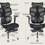 Shappa Spencer black ergonomic office chair size chart showing seat, armrest, and headrest dimensions
