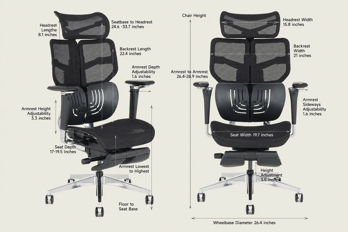 Shappa Spencer black ergonomic office chair size chart showing seat, armrest, and headrest dimensions