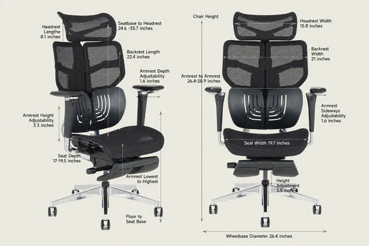 Shappa Spencer black ergonomic office chair size chart showing seat, armrest, and headrest dimensions