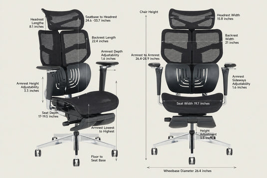 Shappa Spencer black ergonomic office chair size chart showing seat, armrest, and headrest dimensions