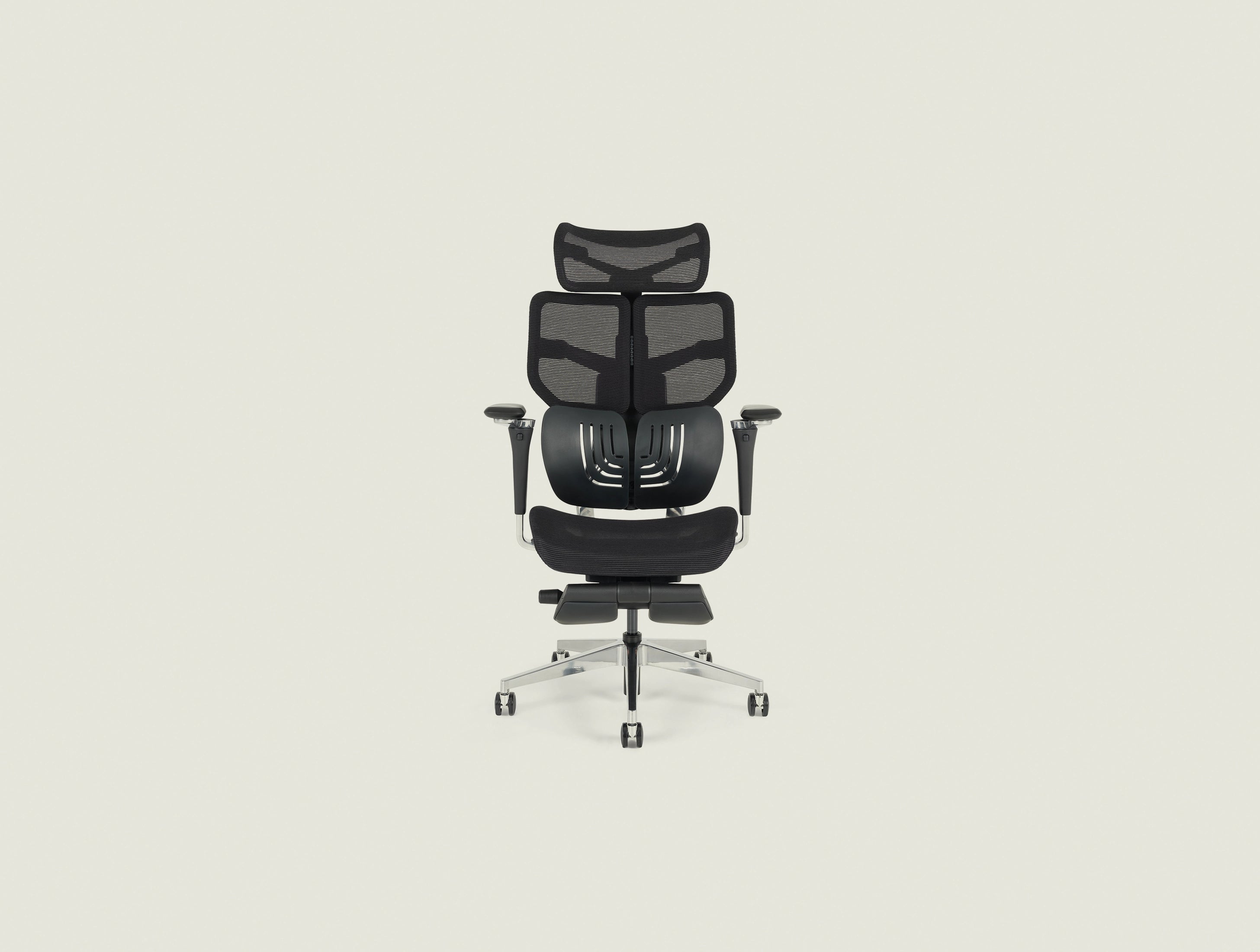 Shappa Spencer black ergonomic office chair with headrest and footrest, front view