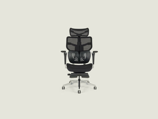 Shappa Spencer black ergonomic office chair with headrest and footrest, front view