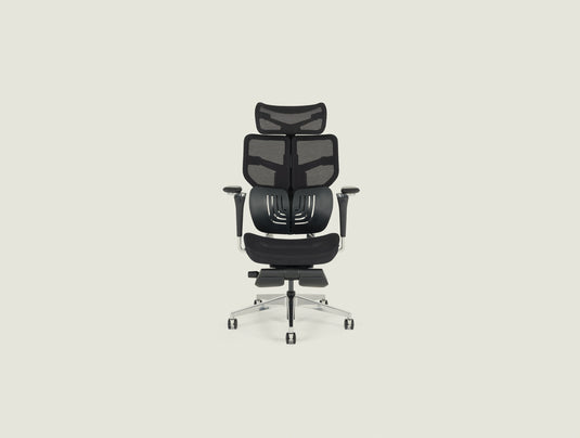 Shappa Spencer black ergonomic office chair with headrest and footrest, front view
