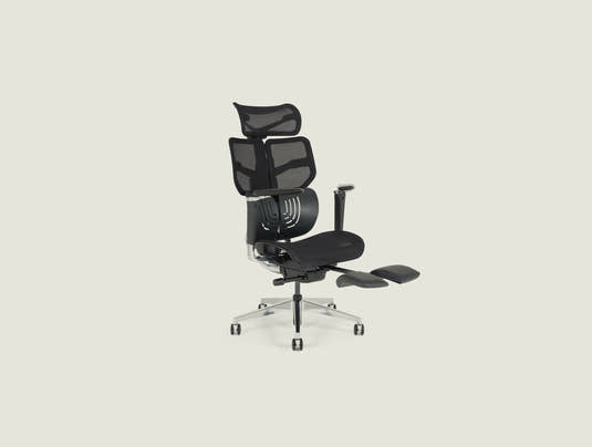 Shappa Spencer black ergonomic office chair reclined with extended leg rest, angle view