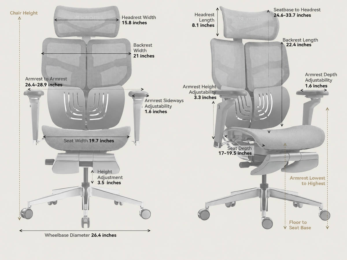 Shappa Spencer ergonomic office chair size chart showing seat, armrest, and headrest dimensions