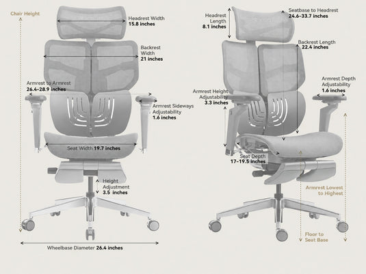 Shappa Spencer ergonomic office chair size chart showing seat, armrest, and headrest dimensions